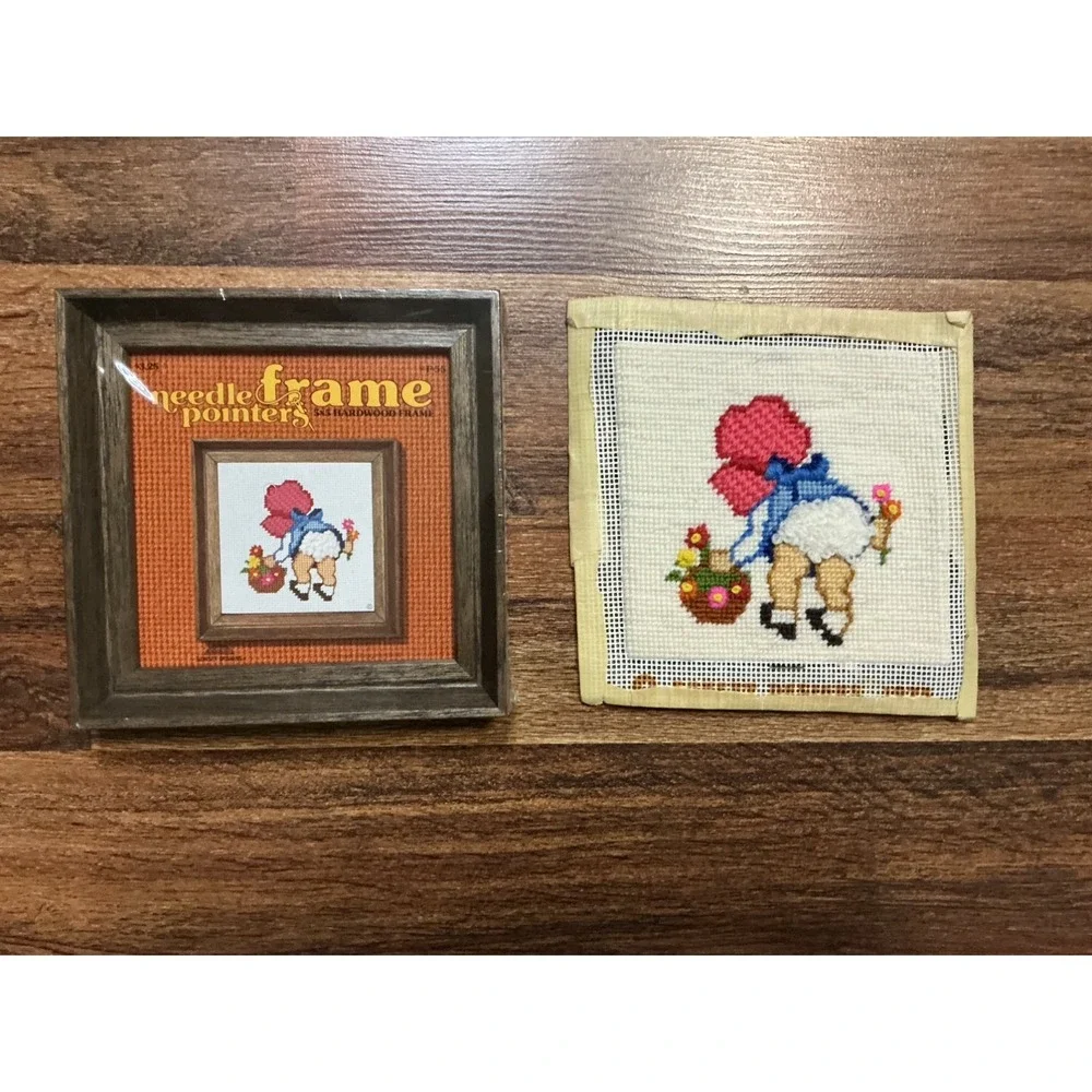1970s Completed Embroidered FANCY PANTS Needlepoint & NIP Jiffy Frame 5x5 Frame
